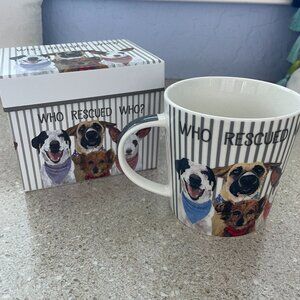 New in Gift Box Cute Dog Mug, "Who Rescued Who?"